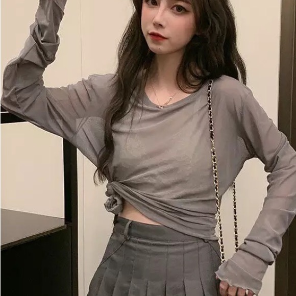 Tops - Mesh shirt top thumbhole sexy transparent long sleeve crewneck style gray